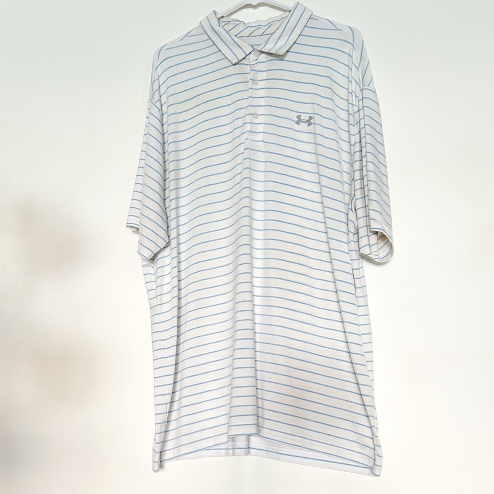 Under Armour Blue White Striped Short Sleeve Polo Golf Shirt Three Button Collar - Picture 2 of 6